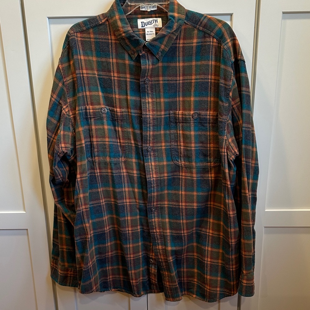Duluth Trading Co Men's Casual Plaid Flannel Shirt - Teal and Rust XLT